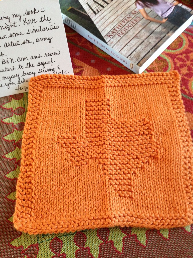 A handmade dishcloth sent to me from loyal reader Sheri Anderson.  I was honored to sign her copy of Johnnie Come Lately. She was also kind enough to post a short review on Barne